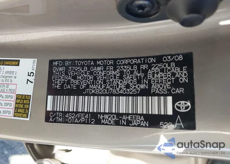 2008 Toyota Prius из США, поврежденный, VIN JTDKB20U783403257